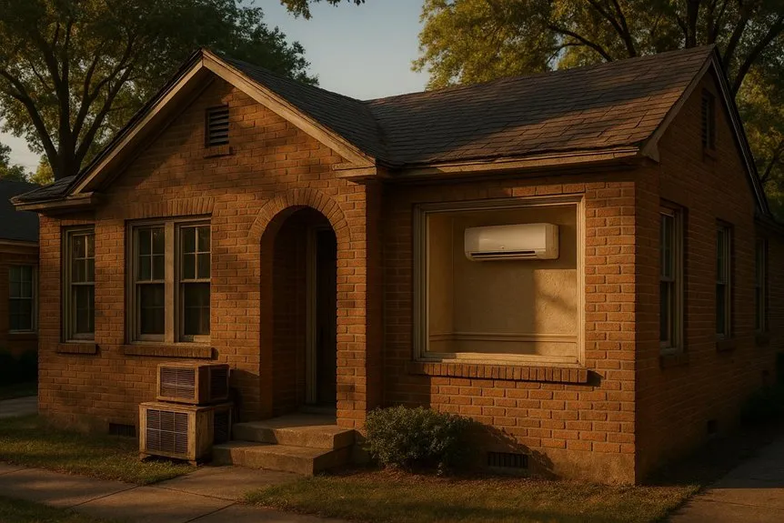 Modern ductless mini split system installed on the exterior brick wall of a traditional residential home in Dallas, TX area