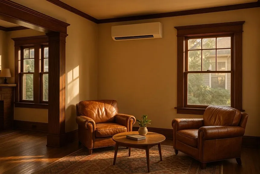 A sleek white ductless mini split mounted on the wall of a cozy living room with classic wood trim in a historic Dallas TX home
