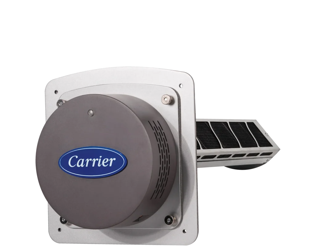 Carrier home air filters component featuring a circular gray housing with a blue brand name plate and an extended side vent