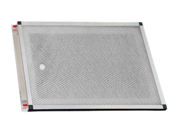 Rectangular metallic home air filter with a fine mesh screen designed for efficient particle collection in HVAC systems.
