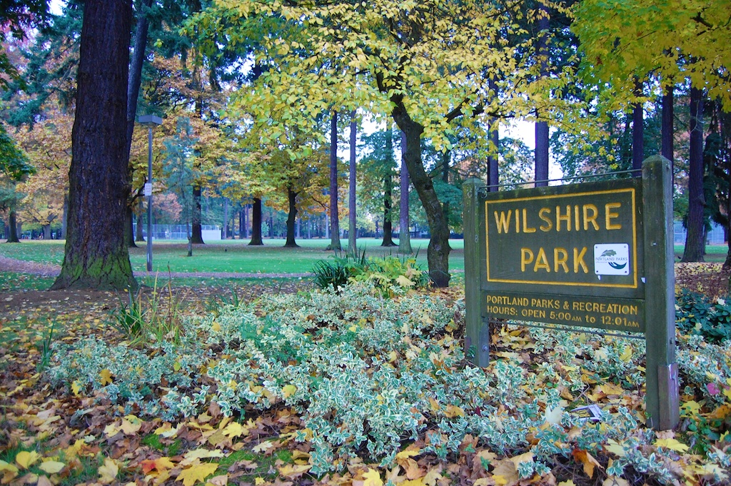 A wooden sign for Wilshire Park in Portland featuring autumn foliage and trees in the background during a crisp fall afternoon.