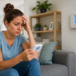 Frustrated woman holding a remote while looking at a wall thermostat set to 65 degrees inside a warm home in Dallas, TX area