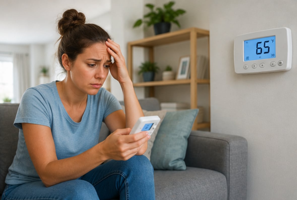Frustrated woman holding a remote while looking at a wall thermostat set to 65 degrees inside a warm home in Dallas, TX area