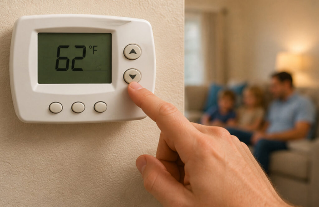 Finger pressing the down arrow on a thermostat set to 62 degrees during a heat wave to explain why it does not help cooling