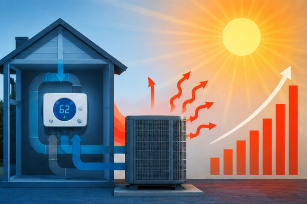 Digital thermostat set to 62 degrees inside a home with an outdoor AC unit struggling during a hot summer heat wave event