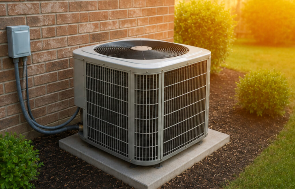 An older air conditioner unit sitting on a concrete pad against a brick wall during a hot summer day in Dallas, TX, sunshine