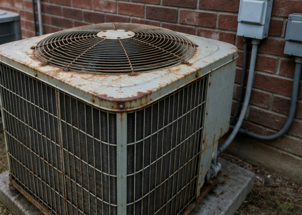 An older, rusted outdoor residential air conditioner unit sitting on a concrete pad against a red brick wall in Dallas, TX.