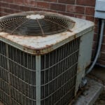 An older, rusted outdoor residential air conditioner unit sitting on a concrete pad against a red brick wall in Dallas, TX.