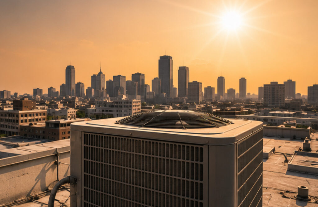 Rooftop air conditioner unit silhouetted against a bright sunset over the Dallas, TX skyline during intense summer heatwaves.