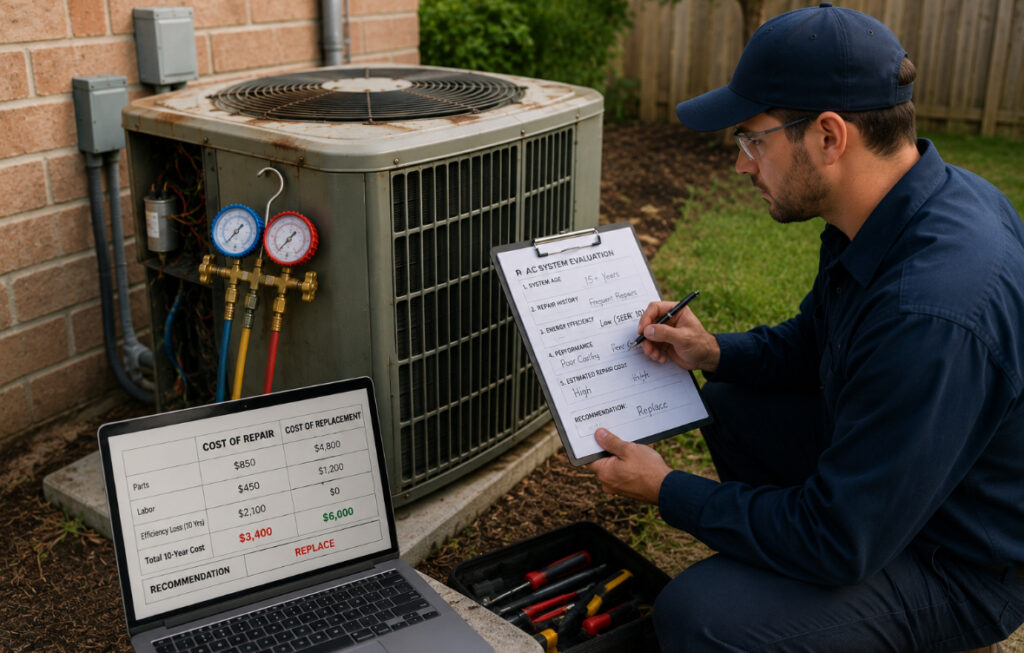 Technician evaluating an older air conditioner in Dallas, TX while comparing repair and replacement costs on his laptop screen