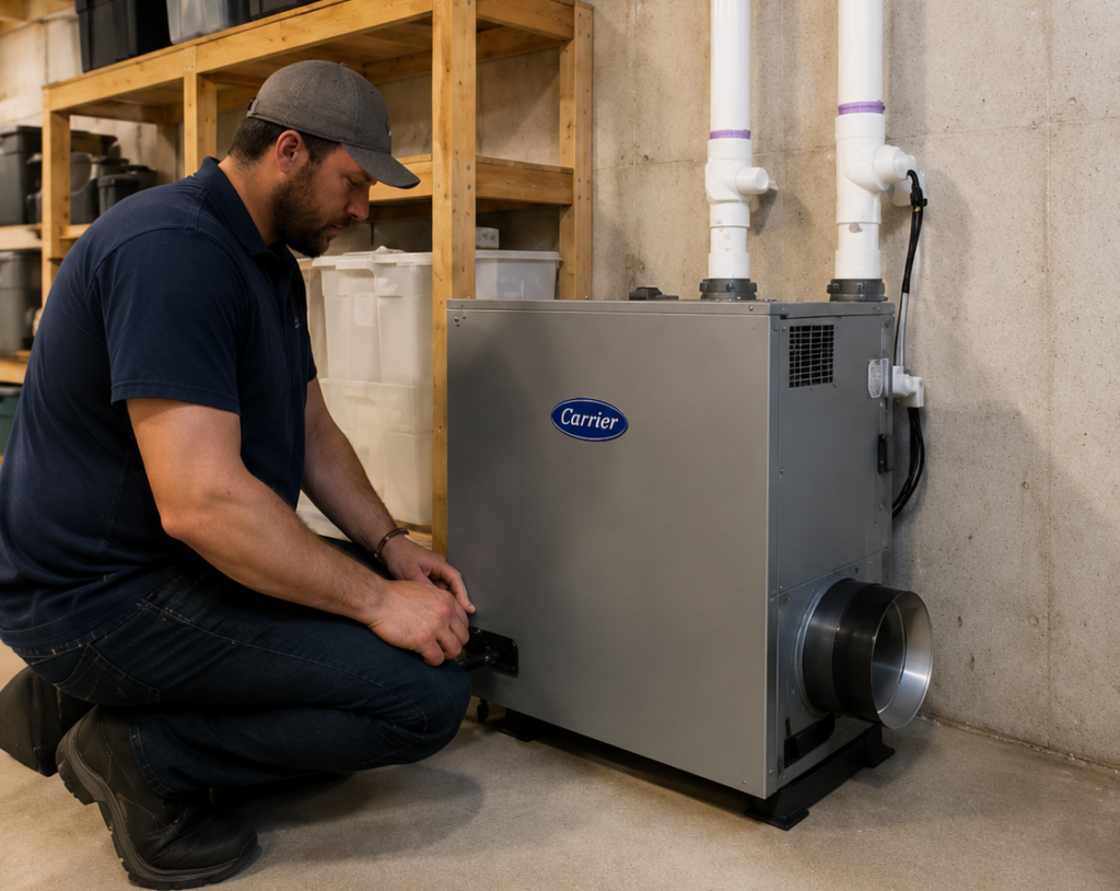 A technician inspecting a Carrier brand dehumidifier installed in a residential basement to control humidity levels efficiently