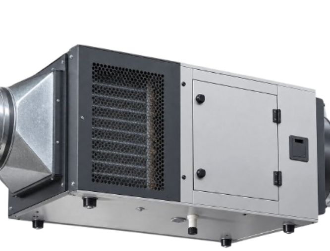 Commercial grade dehumidifiers system featuring heavy duty ductwork connections for central moisture regulation in buildings