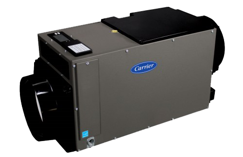 A high-performance Carrier dehumidifier unit shown against a black background for optimal moisture control in home environments