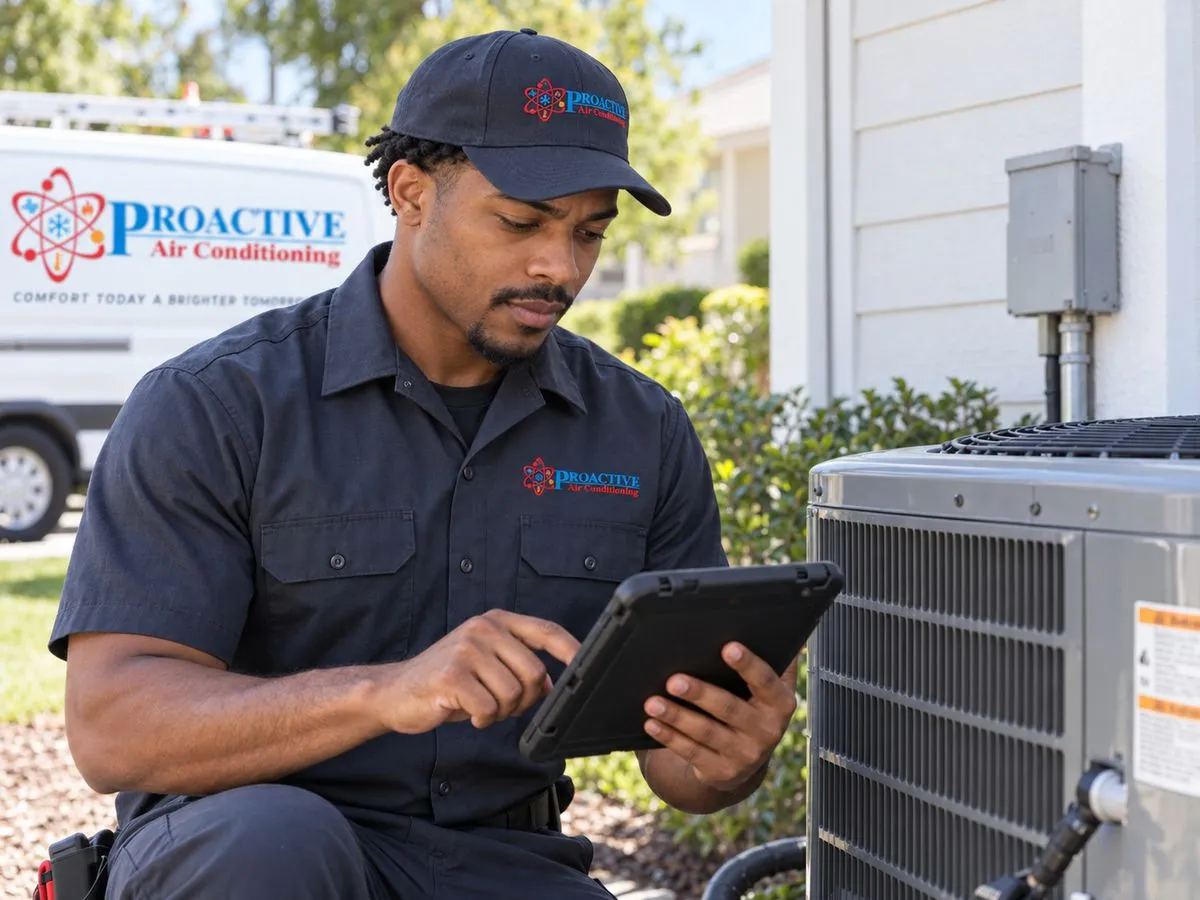 Proactive Air Conditioning technician checking an outdoor AC unit beside the branded service van in Dallas, TX