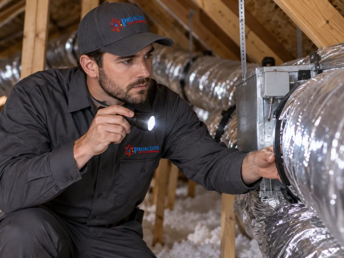 Proactive technician inspecting insulated attic ductwork with a flashlight