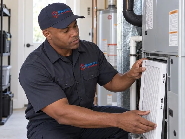 Proactive technician changing a pleated HVAC air filter to improve indoor air quality