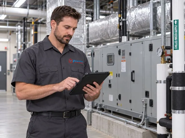 Proactive technician reviewing a commercial air handler in a mechanical room