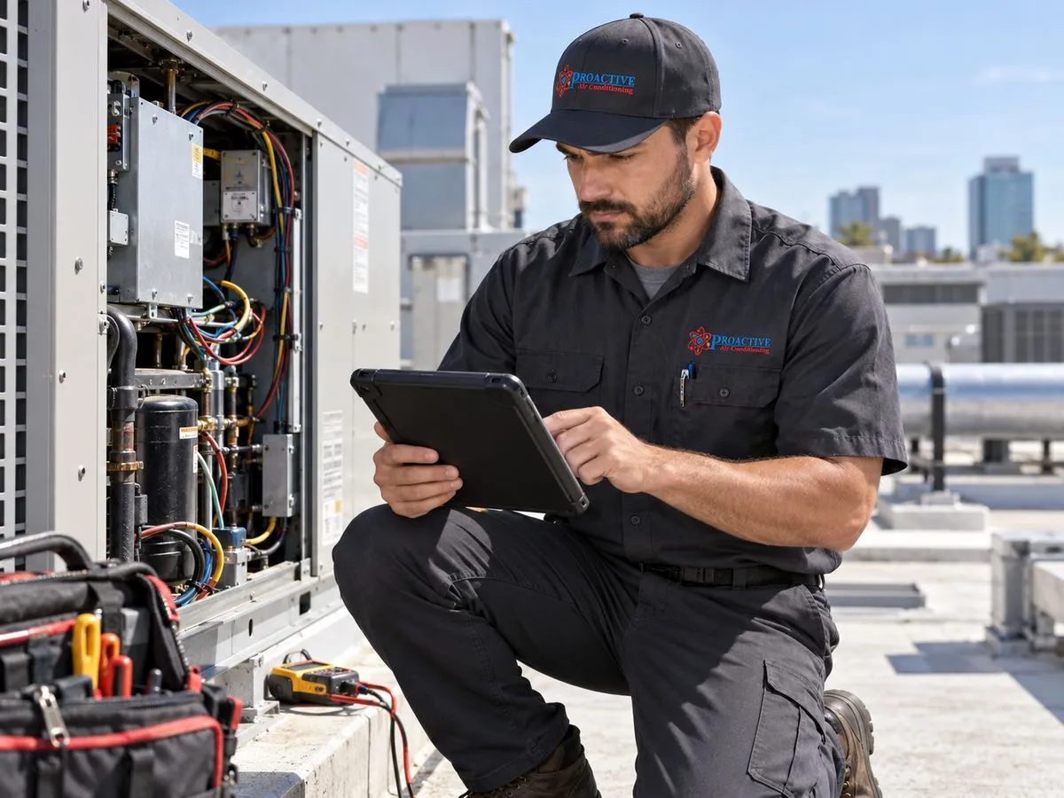Proactive technician servicing a commercial rooftop unit above the Dallas skyline