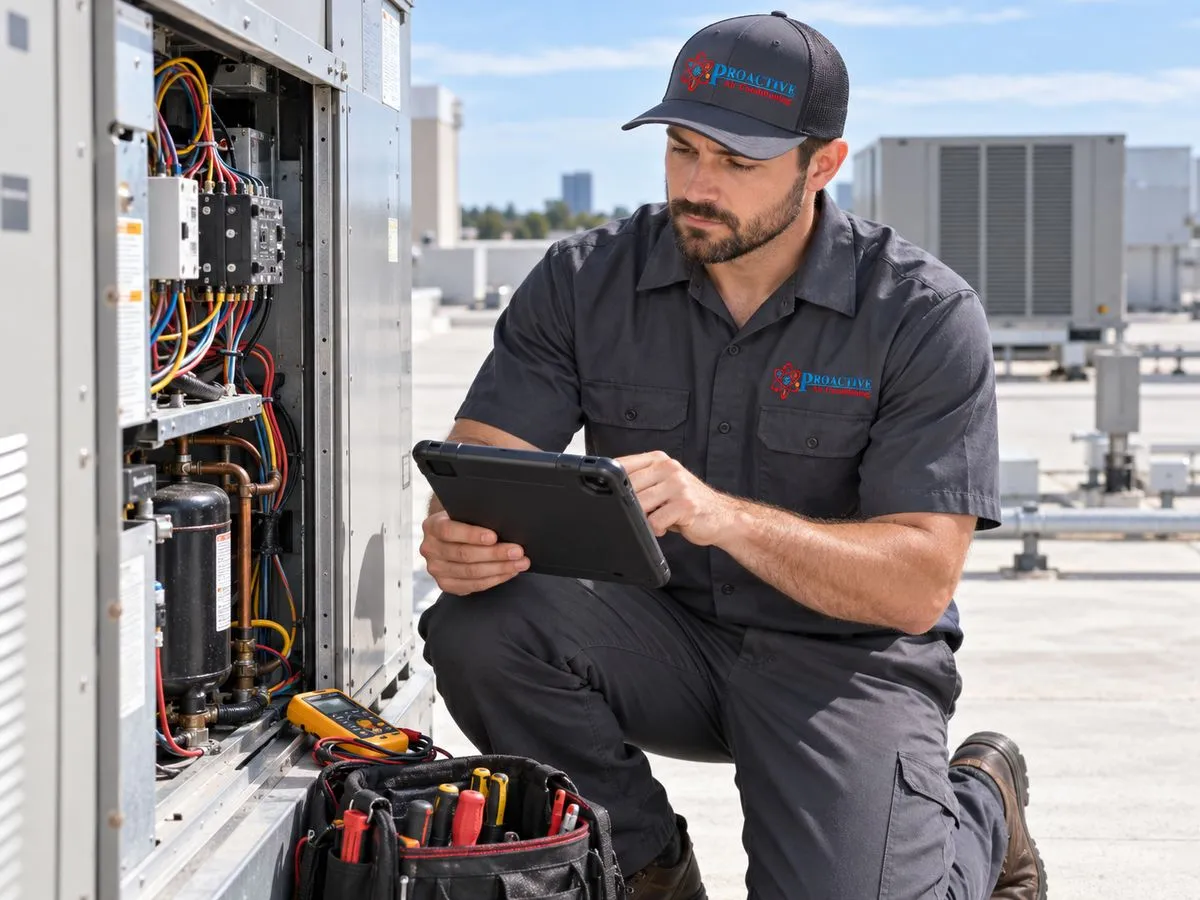 Proactive technician inspecting a commercial rooftop HVAC unit with a tablet