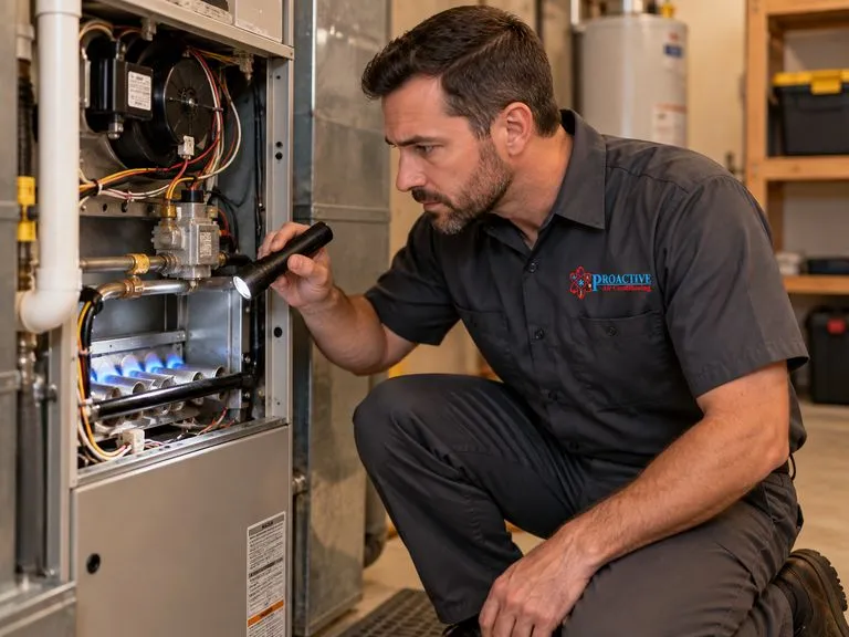 Proactive technician inspecting a residential furnace with a flashlight