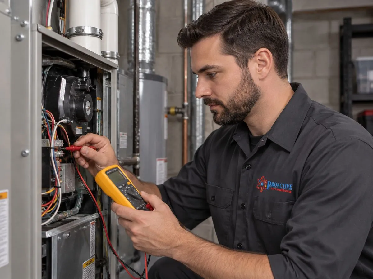 Proactive technician testing furnace wiring with a multimeter