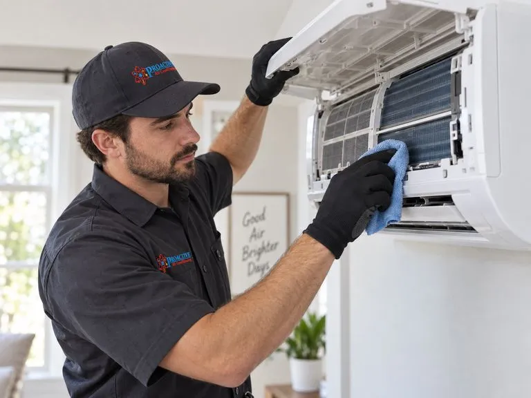 Proactive technician cleaning an open ductless mini-split air conditioner