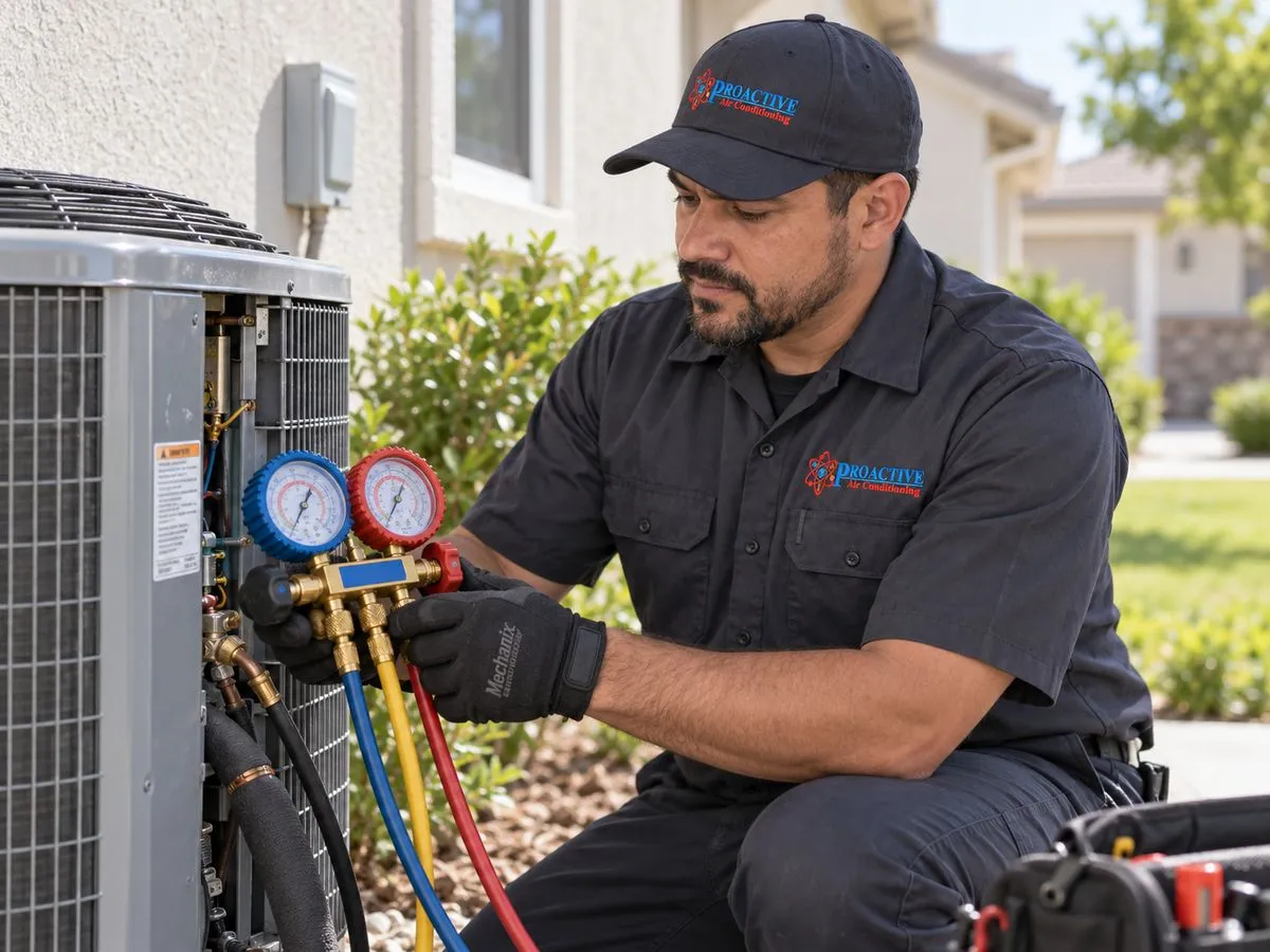 Proactive technician reading refrigerant gauges at an outdoor AC unit