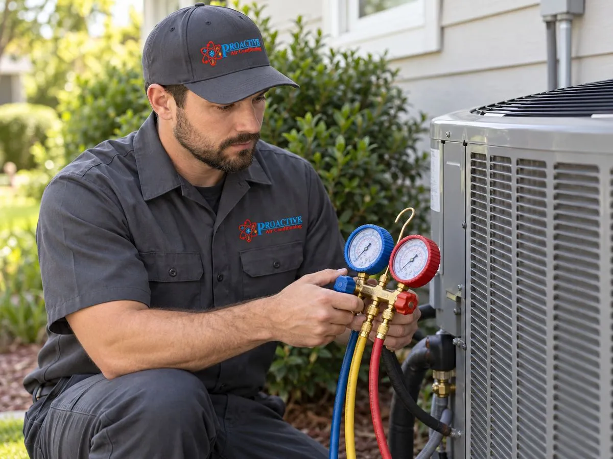 Proactive technician reading refrigerant gauges at a residential AC condenser in Dallas