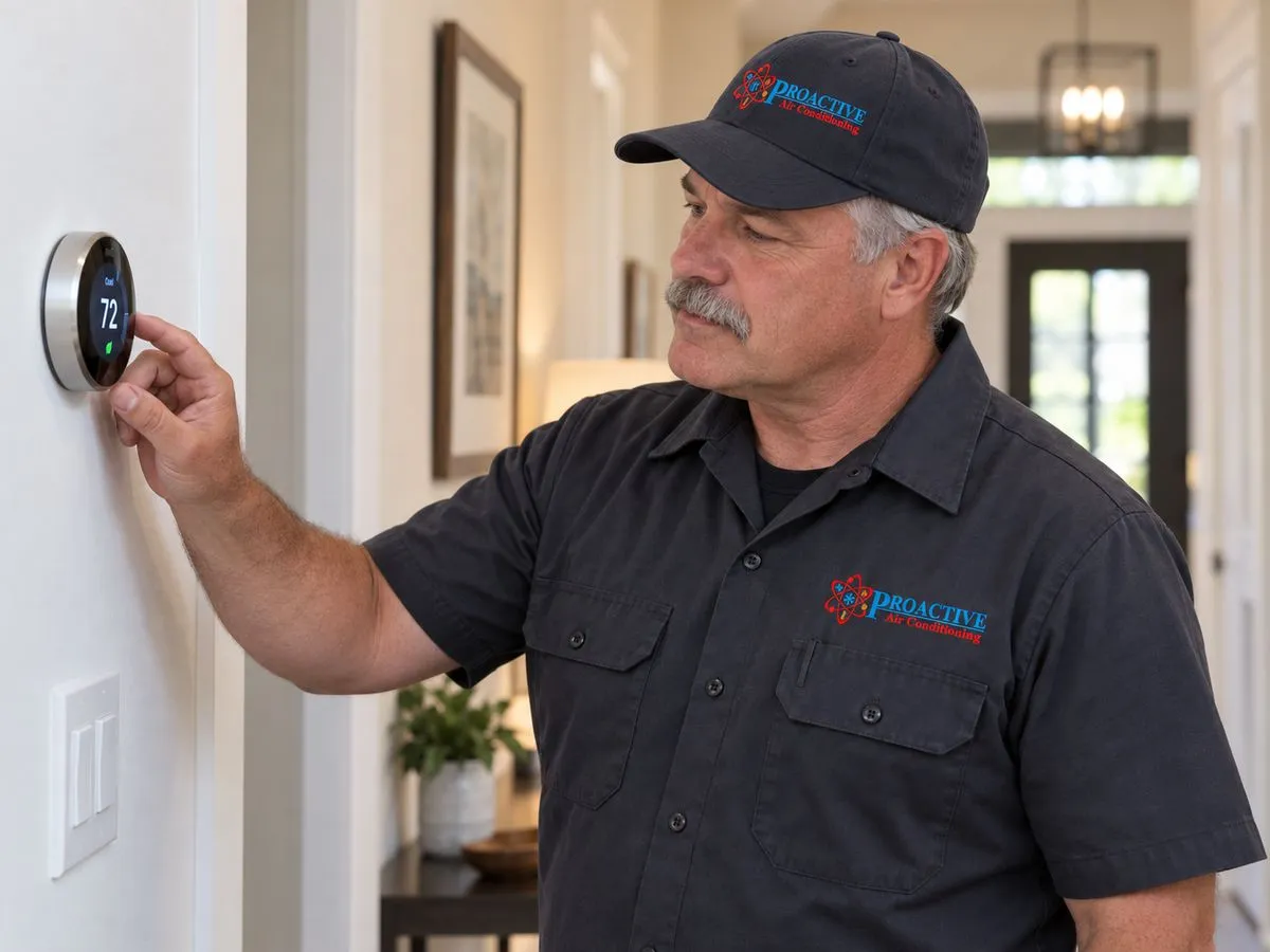 Proactive technician adjusting a smart thermostat in a Dallas home