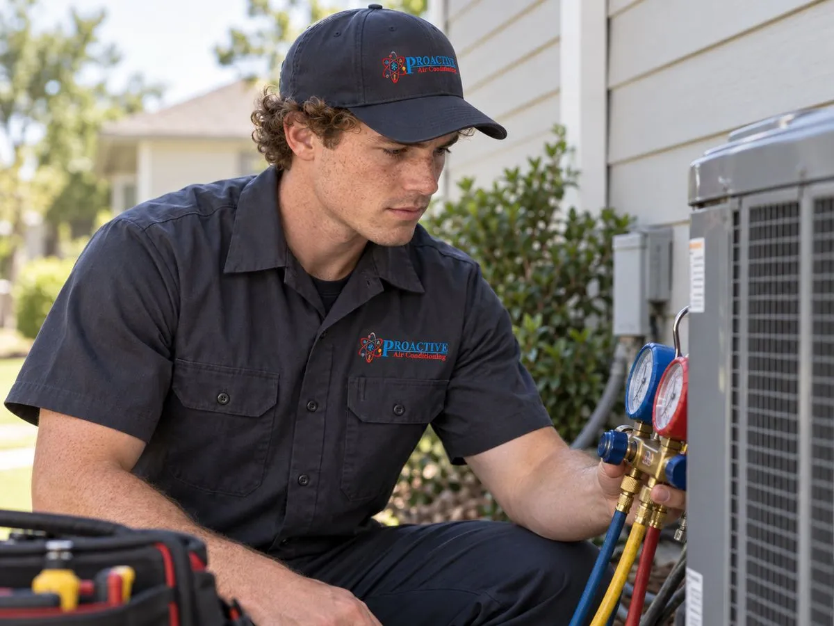 Proactive technician testing an outdoor condenser with refrigerant gauges before recommending repair or replacement